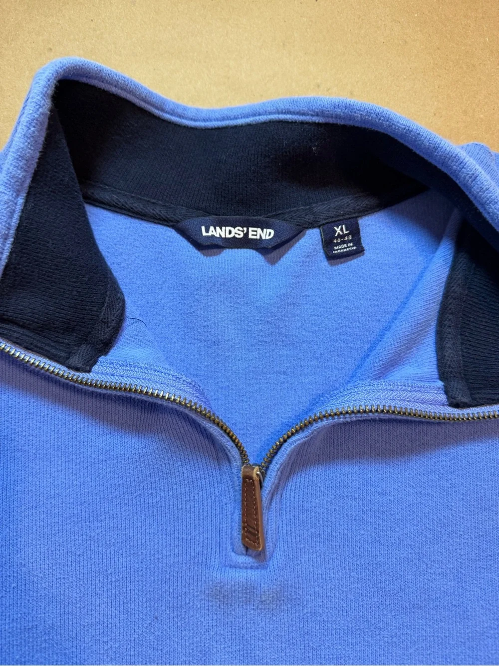 Lands' End Men's Periwinkle Blue Quarter-Zip Sweater with Navy Collar - Picture 2 of 6